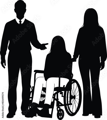 Wheelchair support silhouette with caregivers, inclusive care scene showing compassion, mobility aid and assistance for disabled person, black art, flat vector