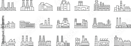 Industrial factory icons, black line vector set, manufacturing plant graphics, chimney and silo structures, editable infrastructure design elements, minimal engineering symbols