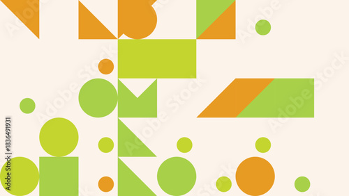 Abstract geometric background with triangles circles squares in shades of green and orange