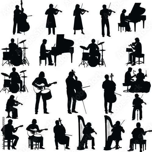 Musician silhouettes playing diverse instruments, violin, cello, piano, guitar, drums, harp, wind ensemble in performance poses, black art, flat vector