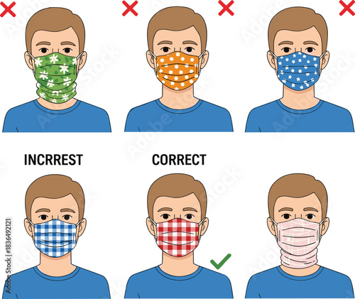 Face mask usage guide showing correct and incorrect wearing methods, health safety illustration for prevention awareness, black art, flat vector