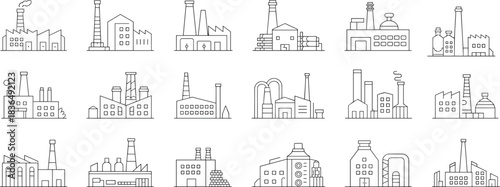 Industrial factory icons, black line vector set, manufacturing plant graphics, chimney and tank structures, editable infrastructure design elements, minimal engineering symbols