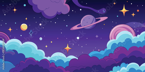 Dark blue night sky vector illustration with stars, moon, and clouds