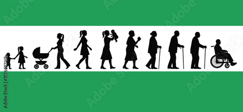Human life stages silhouette from childhood to old age, aging progression with mobility aids and care symbols, black art, flat vector
