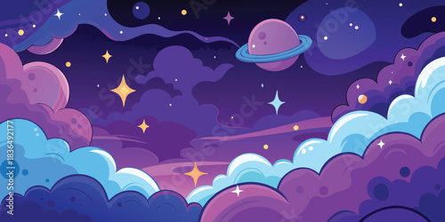 Dark blue night sky illustration with cartoon clouds, vector stars, and a bright moon over a peaceful ocean wave