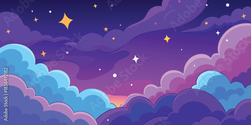 Abstract blue sky landscape illustration with stars and clouds over night ocean waves vector design
