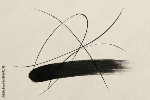 Minimalist abstract ink artwork with sweeping lines and a bold black brushstroke on textured paper.