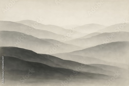 Soft monochrome landscape of misty layered mountains in a calm minimalist sumi-e style.