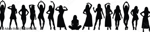 Human silhouette lineup with expressive poses, standing and seated figures showing diversity in gesture and posture, black art, flat vector