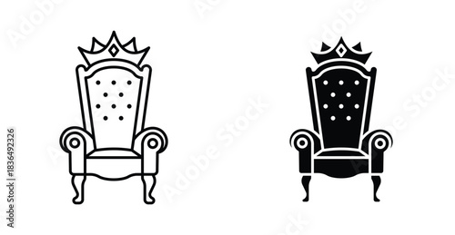 Royal throne icon set. Royal throne vector symbol in black filled and outlined style.