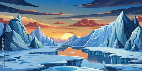 Winter mountain landscape with frozen lake, bright cold sky, and glacier snow