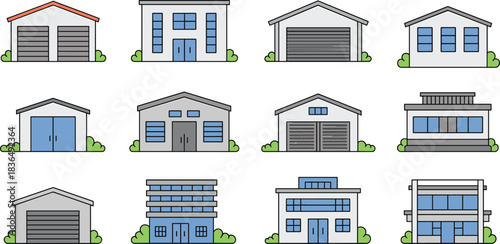 Modern urban building icons, warehouse and garage illustrations, office and residential architecture, minimal vector set, stylized structures, commercial property design elements, editable graphics