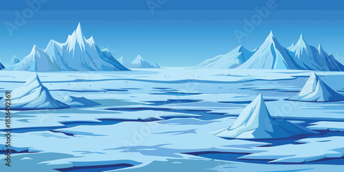 Vector illustration of a cold winter landscape with a sailing ship, snow, and a mountain peak reflecting in the blue ocean