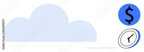Cost planning, productivity, cloud storage, time management, financial strategy, remote work. Cloud shape with clock and dollar icons. Productivity and cost planning concepts