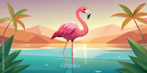 Pink flamingos in the water, a beautiful cartoon vector illustration of the wild tropical birds