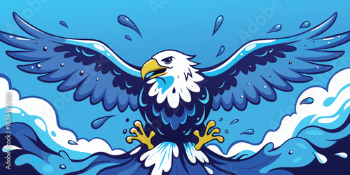 Blue sky vector illustration of a wild eagle in flight with spread wings and feathers