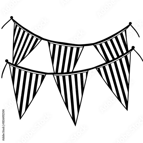 A festive string of black and white striped triangular bunting flags hangs across a white background, ready for decoration.