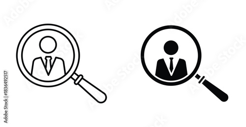Search job vacancy icon set. Search job vacancy vector symbol in black filled and outlined style.