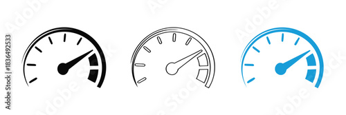 Speedometer icons. Speed indicator. Speedometers icons set. Speed guage. Risk indicator. Risk meter,Speedometer gauge showing performance level in black, white and blue,
