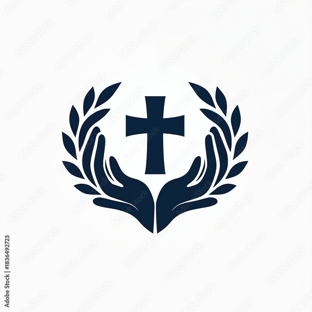 Fototapeta premium Hands hold Christian cross with laurel wreath symbol. Represents faith, hope, and divine protection. Modern minimalist graphic emblem for church.