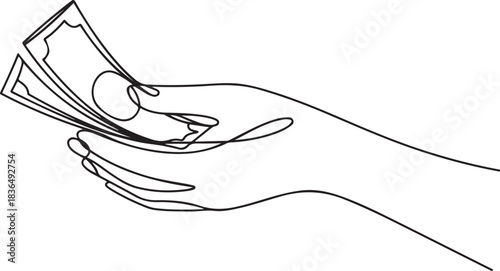 Continuous line drawing of hand hold money to give charity or pay something. one line Icon drawing