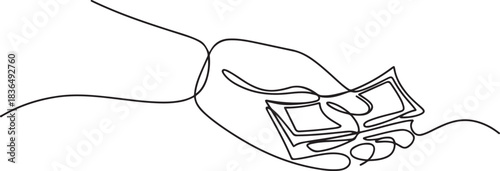 Continuous line drawing of hand hold money to give charity or pay something. one line Icon drawing
