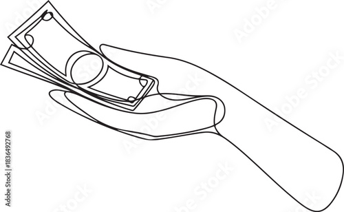 Continuous line drawing of hand hold money to give charity or pay something. one line Icon drawing