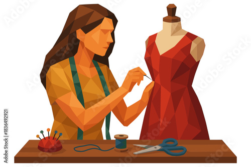 Geometric art of fashion designer sewing dress on mannequin