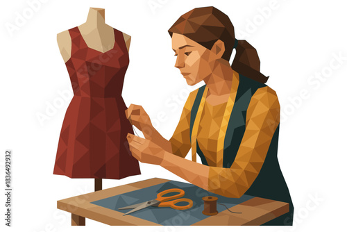 Low poly fashion designer sewing dress on mannequin