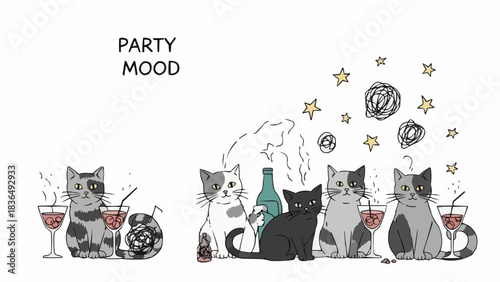 Party Mood Cats - A Whimsical Gathering of Felines with Drinks.