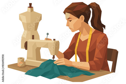 Geometric woman sewing with machine in fashion workshop setting