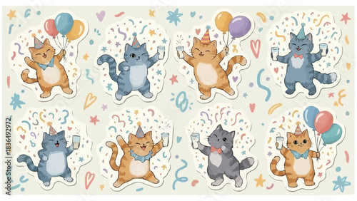 Adorable Cats Celebrating with Party Hats and Balloons.