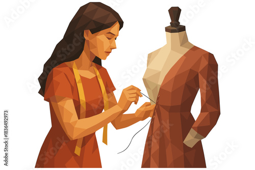 Seamstress in polygon style working on dress with mannequin