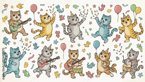 Cute cartoon cats celebrating with balloons and confetti.