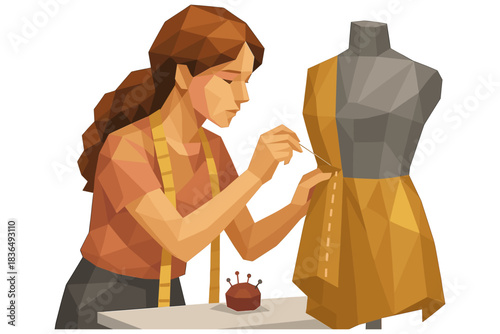 Fashion designer crafting garment on mannequin in geometric style art