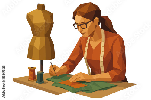 Geometric sewing scene with fashion designer and mannequin