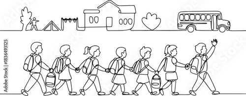One continuous line drawing of Back to school vector illustration. Students activity after holiday in design illustration simple linear style. one line Icon drawing