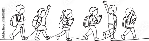 One continuous line drawing of Back to school vector illustration. Students activity after holiday in design illustration simple linear style. one line Icon drawing