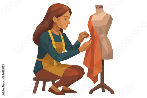 Low poly fashion designer sewing on mannequin with colorful fabric