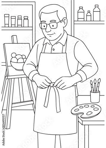 coloring book Father painter wearing apron and preparing paint palette