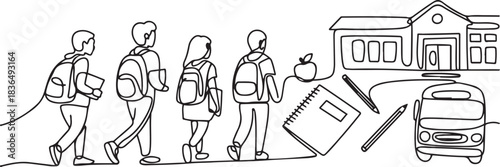 One continuous line drawing of Back to school vector illustration. Students activity after holiday in design illustration simple linear style. one line Icon drawing