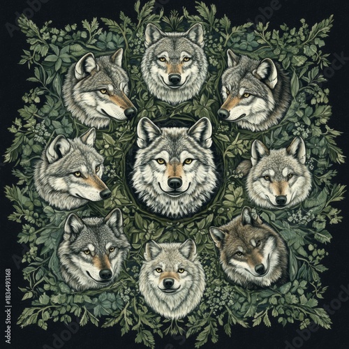 Eight Wolves Encircled By Lush Green Foliage
