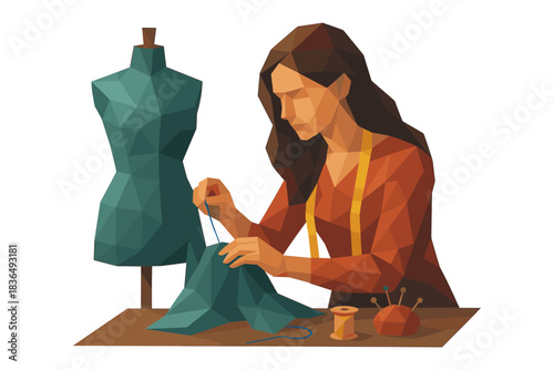 Geometric art of fashion designer sewing with mannequin and fabric