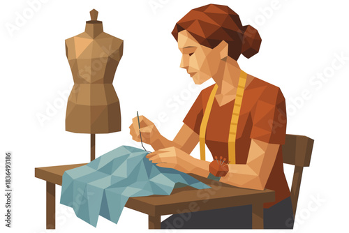 Low poly tailor sewing at table with mannequin and fabric