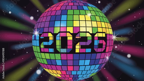 Disco ball new year's eve party celebration happy new year with colorful lights and 2026 year design