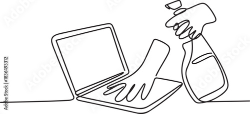 One continuous line drawing of a cleaning office activity vector illustration. Laptop cleaning in simple linear style. one line Icon drawing
