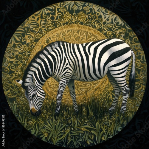Zebra Grazing in Ornate Circular Setting