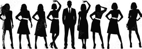 Fashion silhouette lineup with women in dresses and one man in suit, gender contrast and style pose illustration, flat vector