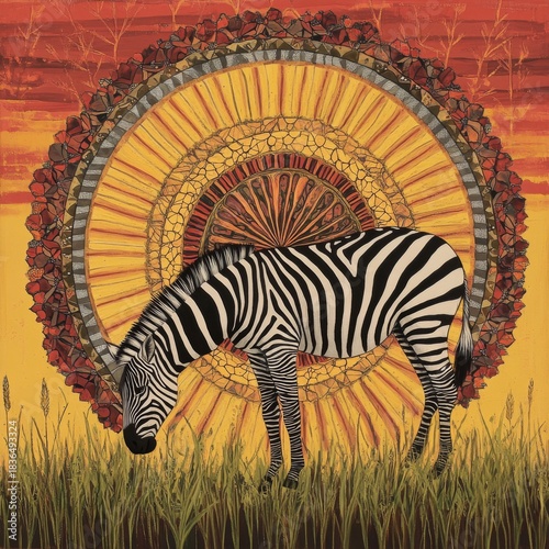 Zebra Grazing in a Mandala Sunrise Setting