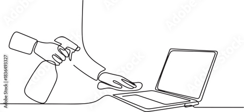 One continuous line drawing of a cleaning office activity vector illustration. Laptop cleaning in simple linear style. one line Icon drawing